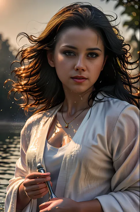 (8k, RAW photo, best quality, masterpiece:1.2), (realistic, photo-realistic:1.37), ultra-detailed, (high detailed skin:1.2), 8k uhd, dslr, soft lighting, high quality, photo of 22yr woman ,1girl , shirt with golden trim, white robes moving in the wind, lo...