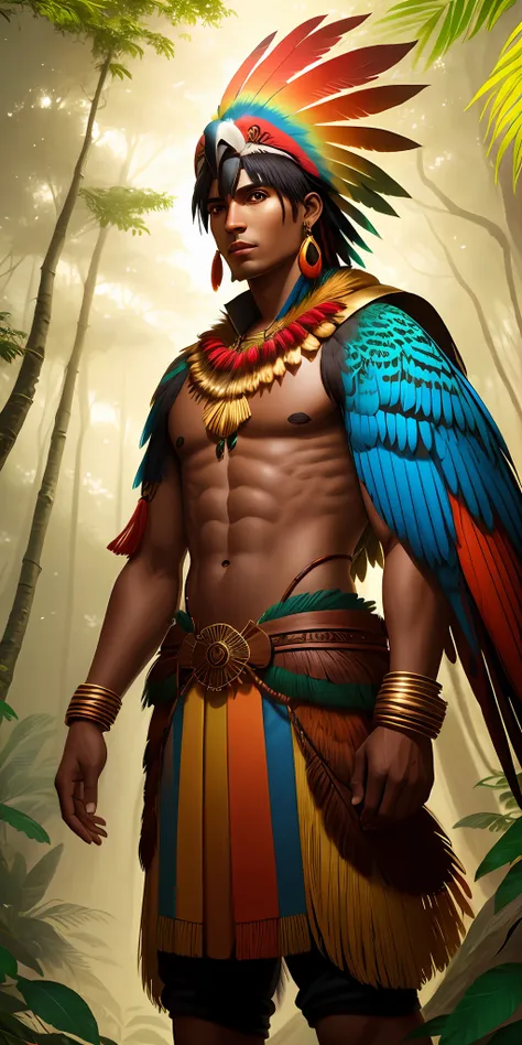 humanoid character, brown skin, tupi guarani amulets, parrot macaw wings, and human body, tall body and covered with feathers, f...