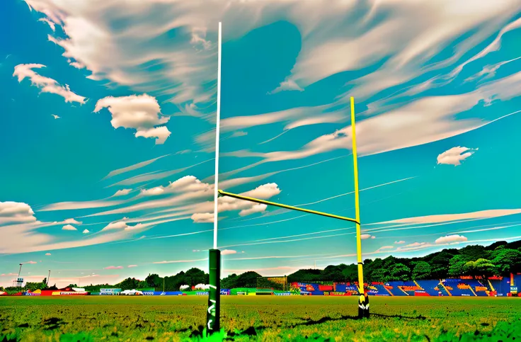 there is a football goal post in the middle of a field, view from the ground, ground view, view from ground, ground view shot, low angle wide shot, interrupting the big game, beginner, picture taken from the ground, sports setting, by Torii Kiyomoto, a gre...