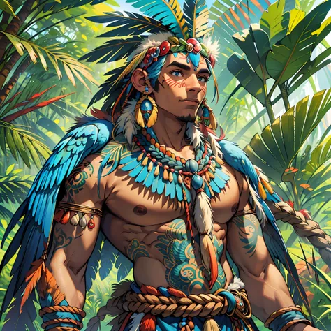 anthropozoomorphic humanoid god native brown skin with blue macaw wings and human body and some blue macaw feather on body, perf...