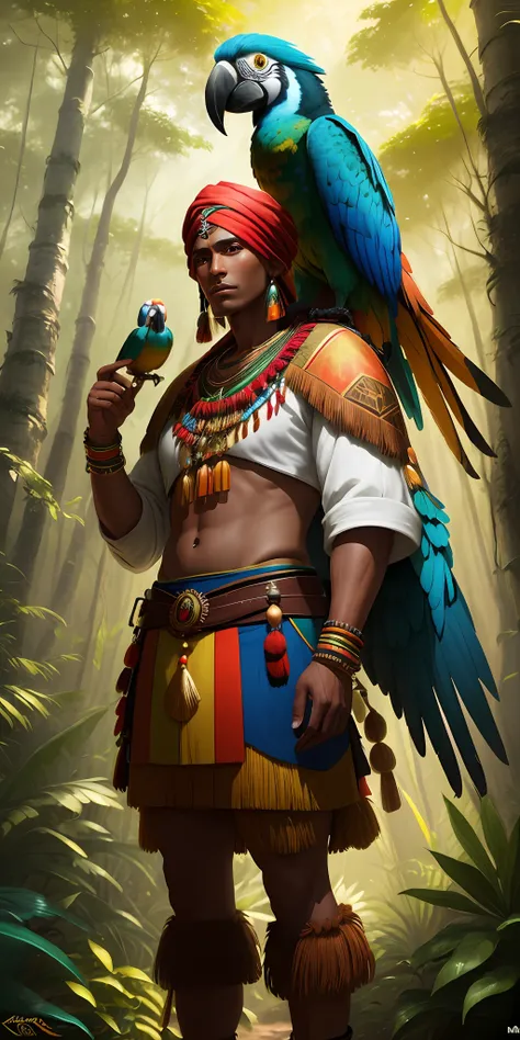 humanoid character, brown skin, tupi guarani amulets, parrot macaw wings, and human body, tall body and covered with feathers, f...