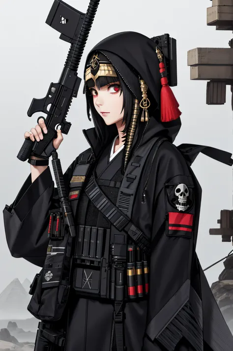 best quality, high_resolution, girl, egyptian gothic mix, , kimono, techwear, skull, holding gun, detailed background,