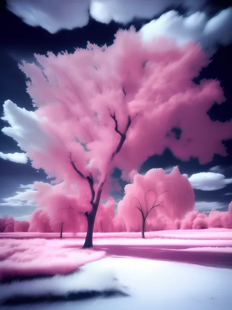 beautiful infrared landscape with trees and clouds