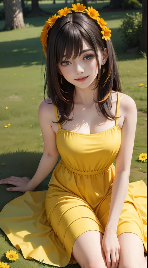 UHD, depth of field, first-person perspective, brunette hair, smile, anime, sitting on the campus meadow, wearing a long yellow dress with multicolored flowers around it