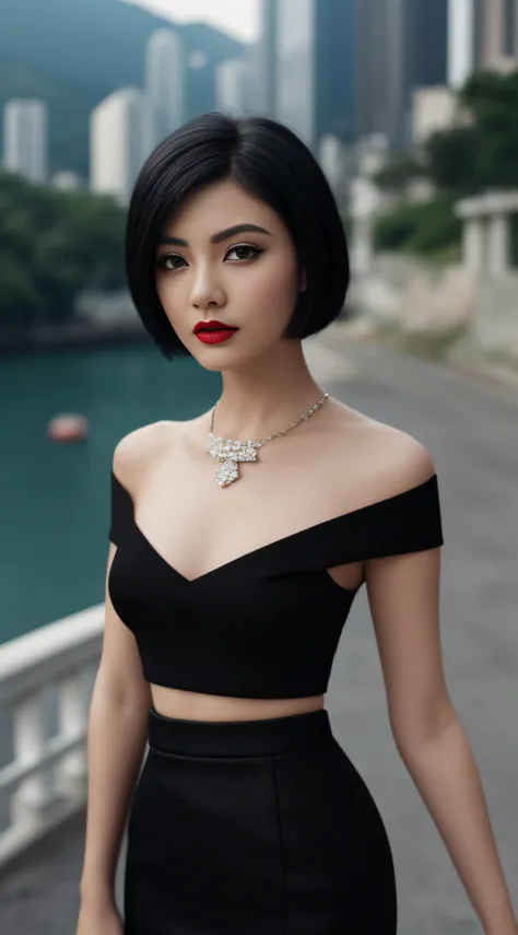 as-midaged,closeup photography, appeal, short hair, black hair, make up, red lips, scenery of hong kong,pencil skirt,  jewelry, ...