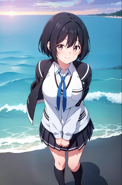 a girl, seaside, dusk, shadow, school uniform, smile, best quality, super high resolution, black hair, short hair, blush, light