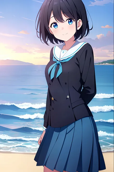 a maiden, seaside, dusk, shadow, school uniform, smile, best quality, super high resolution, black hair, short hair, blush, ligh...