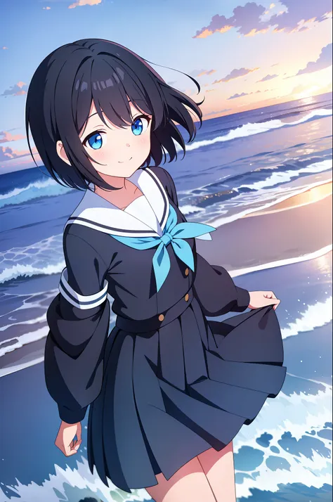 a maiden, seaside, dusk, shadow, school uniform, smile, best quality, super high resolution, black hair, short hair, blush, ligh...