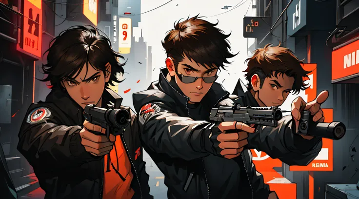 1boy,2boys,1980s_(style),aiming,aiming_at_viewer,beretta_92,black_hair,brown_eyes,brown_hair,building,casing_ejection,copyright_name,cover,cover_page,cyberpunk,energy_gun,fake_cover,finger_on_trigger,firing,foreshortening,heckler_&_koch,holding,holding_gun...