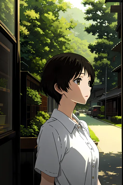 hyouka masterpiece, best quality, 1 girl, short hair, outdoor, greenery, exquisite, realistic style, good looking landscape