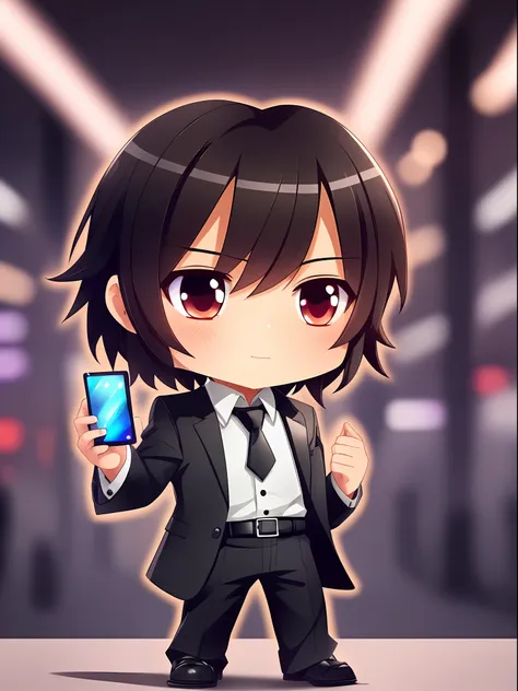 (best works:1.4),(cute),(illuminated),(holding a smartphone),(blushing),(businessman),(black suit),(long pants),(white shirt, no...