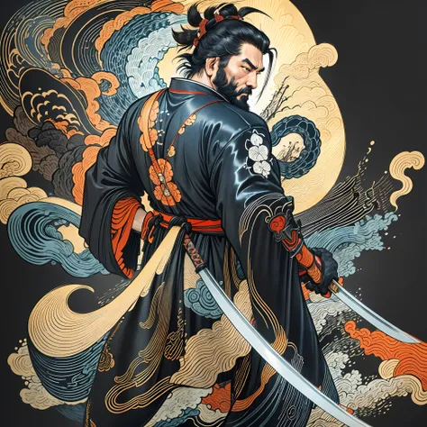 it is a full-body painting with natural colors with katsushika hokusai-style line drawings. the swordsman miyamoto musashi has a...