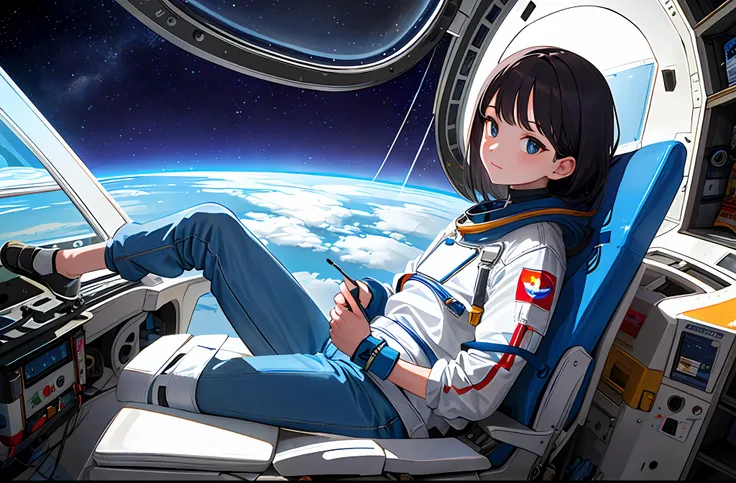 (Masterpiece, Top Quality, Best Quality, Extreme Detail, Supreme Detail, Official Art, Beauty and Aesthetics: 1.2), Colorful, Denim Shot, Beautiful Face, Solo, Perfect Body, Beautiful Eyes, Astronaut Back, In Space, Spacecraft, Spacesuit, Indoor, (Wire and...