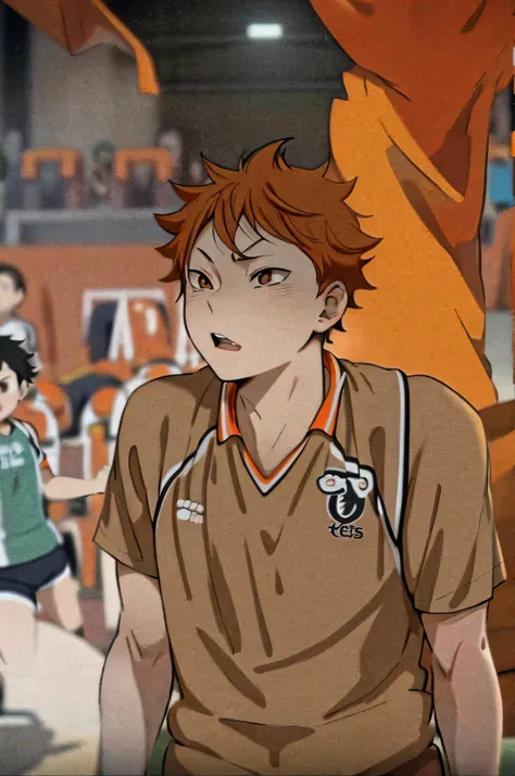 HD, (Best Detail) (Best Quality), Meticulous Facial Features, Hinata Shoyo, Ultra-detailed Face, Playing Volleyball, Short Orange Hair, Volleyball Costume, Focused Eyes, Side View, Short Neck, Pointed Chin, Cats Eyes,