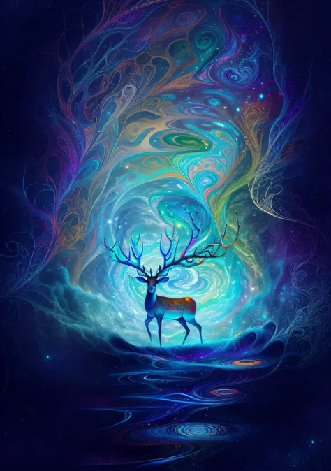 (psychedelic painting of a deer standing in front of a colorful swirl), ((multiple antlers, stag, big head)), bright colors, thi...