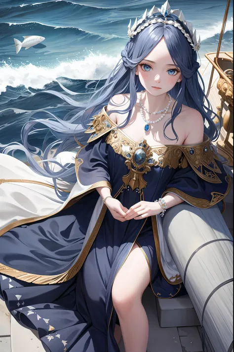 maiden, alone, long navy blue hair, blue eyes, dress, necklace, pearl, shell, waves, ocean, sea, fish, boat, hyperdetail, best p...