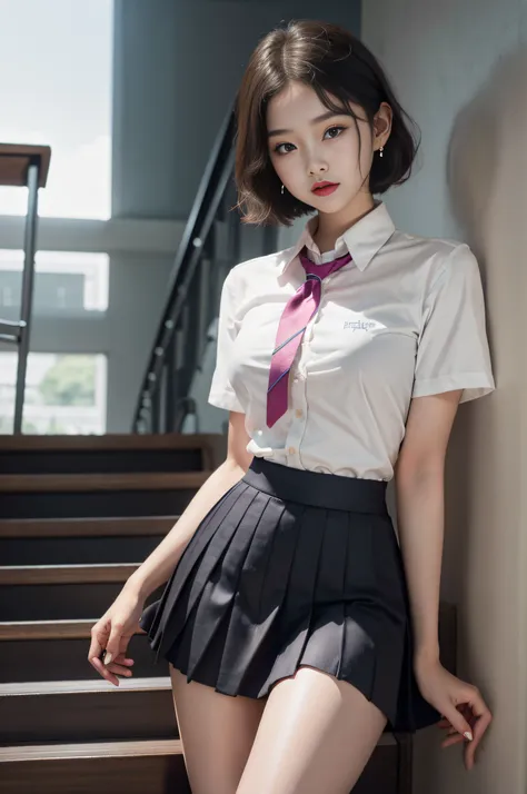 korean school uniform, summer school uniform shirt, ribbon tie, skirt, school, school stairs, chest lifting pose, 8k raw photo, ...