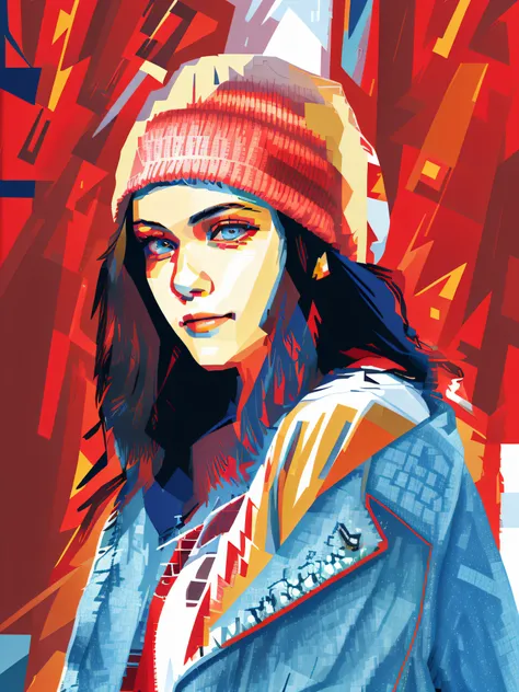 hd, (best detail) (best quality), detailed facial features, arad woman in red hat and denim jacket, wpap style, color coordinati...