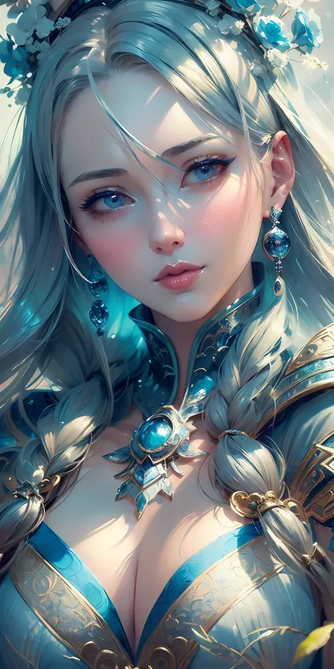 a close up of a woman in a silver and blue dress, chengwei pan on artstation, by yang j, detailed fantasy art, stunning characte...