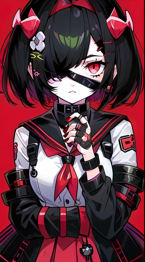 a girl with short black hair, red eyes, one eye covered by an eye patch, jk school uniform, harajuku style, cyberpunk, standing,...