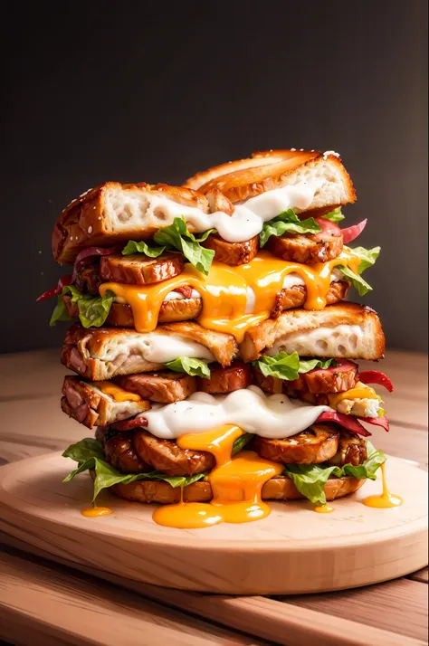 masterpiece, high quality, best quality, sandwich with sausage and grilled cheese, foodphoto,