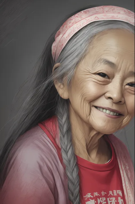 portrait of a woman of 85 years, chinese, smiling, wrinkles visible grey hair and bandana, confy clothes, holding on her arms a ...