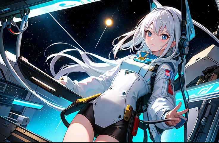 (Masterpiece, Top Quality, Best Quality, Extreme Detail, Supreme Detail, Official Art, Beauty and Aesthetics: 1.2), Colorful, Cowboy Shot, Beautiful Face, Solo, Perfect Body, Beautiful Eyes, 1 Girl, In Space, Spacecraft, Spacesuit, Indoor, (Wire and Cable:...