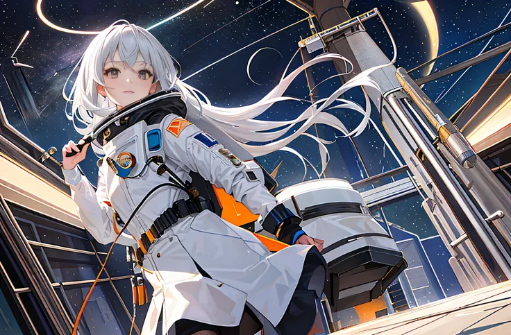 (Masterpiece, Top Quality, Best Quality, Extreme Detail, Supreme Detail, Official Art, Beauty and Aesthetics: 1.2), Colorful, Cowboy Shot, Beautiful Face, Solo, Perfect Body, Beautiful Eyes, 1 Girl, In Space, Spacecraft, Spacesuit, Indoor, (Wire and Cable:...
