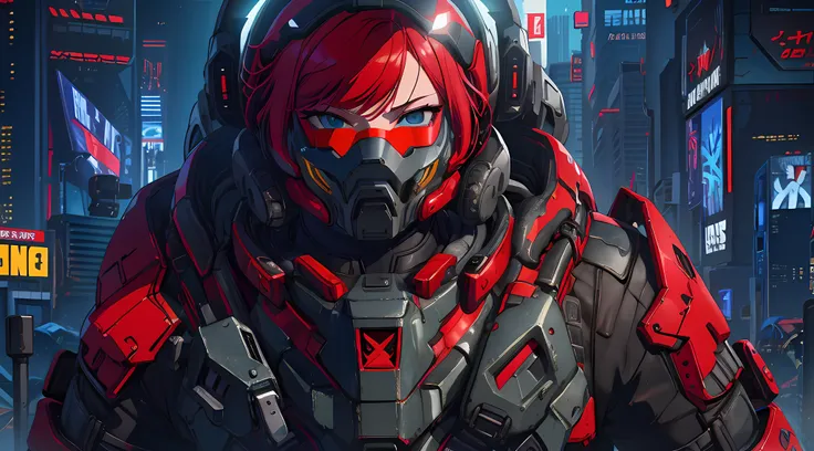 a close up of a person with red hair and a helmet, cyberpunk anime girl mech, digital cyberpunk anime art, female cyberpunk anim...