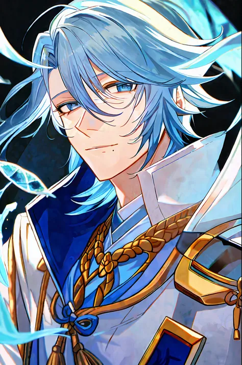 (masterpiece), (best quality), (super delicate), (illustration), (extremely delicate and beautiful), (dynamic angle), white and blue highlights, (bushi:1.3),(1boy:1.2),blue hair, (business_suit), (complex details) ,(beautiful and delicate eyes), blue eyes,...