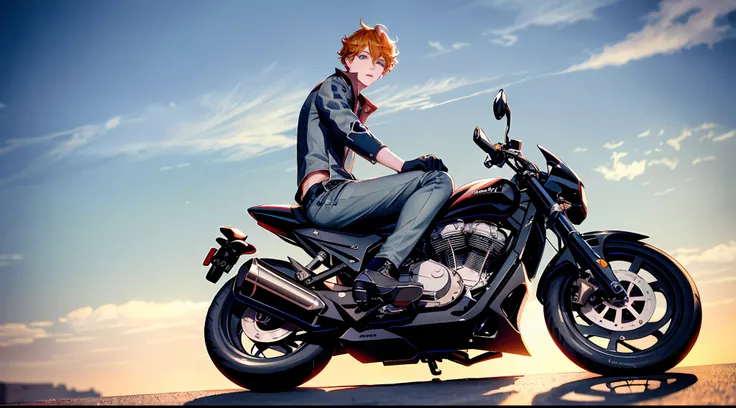Masterpiece, best quality, tartaglia (genshin impact), gloves, mask, 1boy, blue eyes, black gloves, solo, orange hair, bangs, hair between the eyes, gray jacket, (((sitting on a motorcycle))), motorcycle, competitive moto, ((full body))