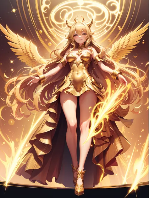 golden angel, golden feathers, blonde, gold costume, golden palace, golden light, kemono ears, middle chest, smile, blush,(perfe...