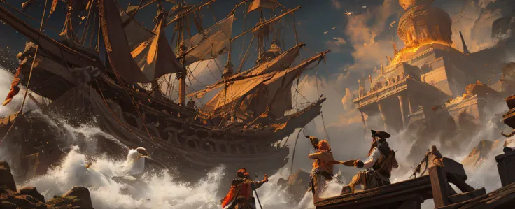 Frederick Edwin Church painting style, pirate ship, battle, seagull, gunsmoke, gong and drum, pirate leader,