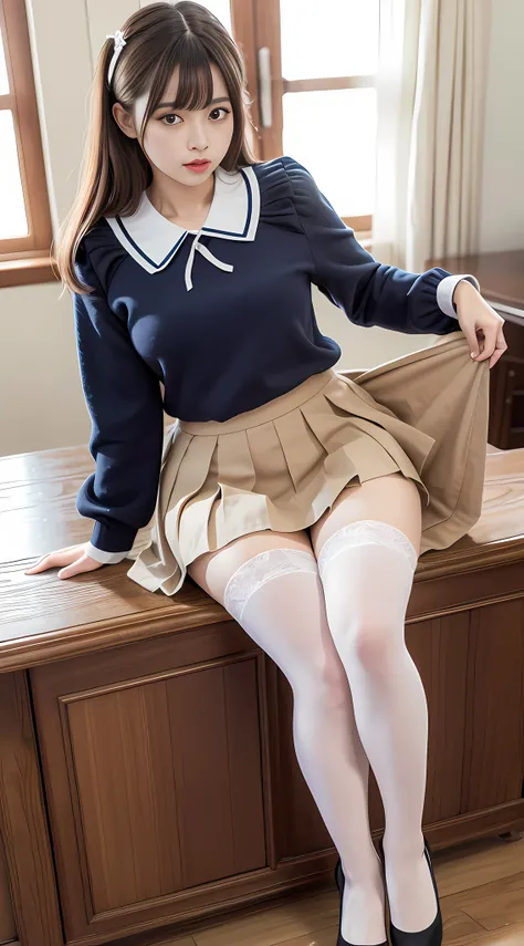 (8k, original photo processing, best quality, masterpiece: 1.2, thighs,), (realistic, realistic, photo realistic: 1.37), ultra-detailed,
Beautiful and delicate eyes, beautiful delicate nose, huge, JK uniform, pleated skirt, stockings