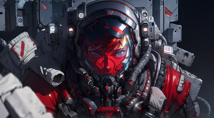 a close up of a person with red hair and a helmet, cyberpunk anime girl mech, digital cyberpunk anime art, female cyberpunk anim...