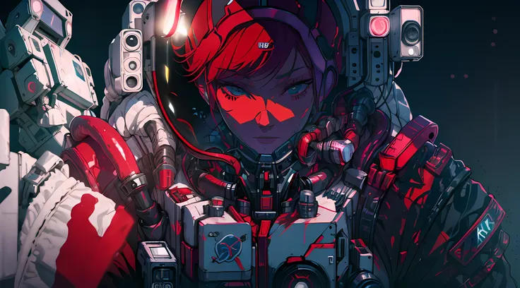 a close up of a person with red hair and a helmet, cyberpunk anime girl mech, digital cyberpunk anime art, female cyberpunk anim...