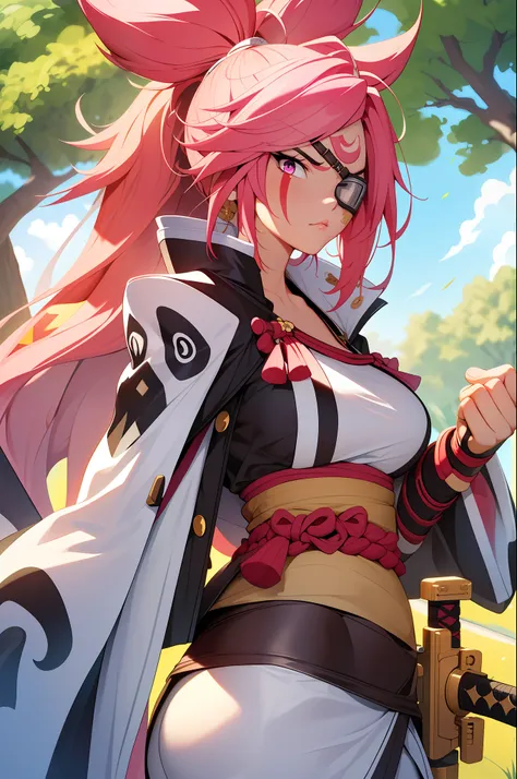 (masterpiece, best quality:1.2), cowboy shot, solo, 1girl, baiken, amputee, serious, ((Hold a samurai sword )) closed mouth, looking at viewer, ponytail, eyepatch, multicolored clothes, open clothes, japanese clothes, kimono, large breasts ,( background Pi...
