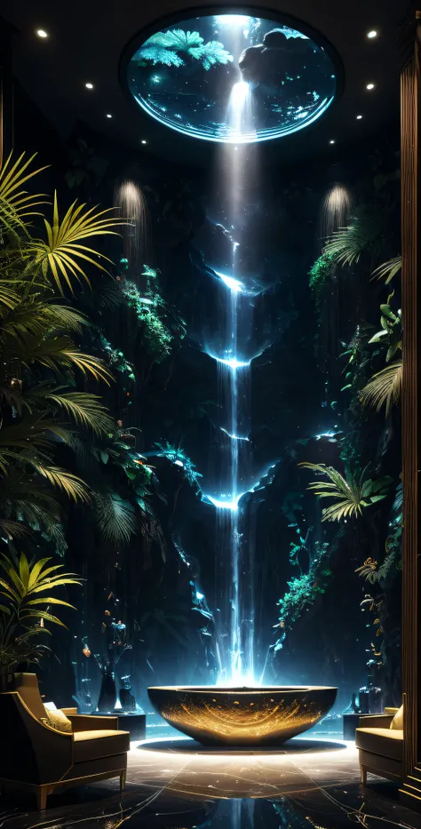 incredible black luxurious futuristic interior in ancient egyptian style with many (((lush plants))) (lotus flowers), ((palm tre...