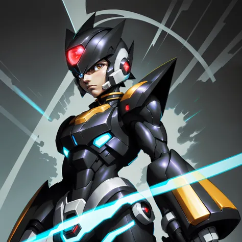 (masterpiece:1.3), best_quality, absurdres, (solo:1.3), Male, portrait, science_fiction, mega_man_zero, upper_body, sleek Reploid, silver and black color scheme, sword, helmet, unique crescent shape, with two antenna-like structures on either sides, metall...