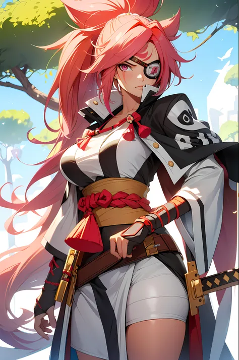 (masterpiece, best quality:1.2), cowboy shot, solo, 1girl, baiken, amputee, serious, ((hold a samurai sword )) closed mouth, loo...