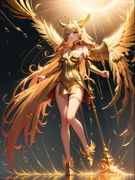 golden angel, ((golden feather:1.3)), blonde, gold costume, golden palace, ((gold particles rain down like rays from heaven:1.3)...