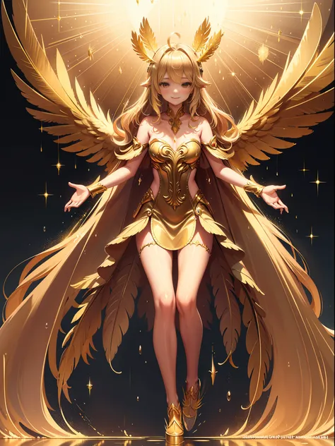 golden angel, ((golden feather:1.3)), blonde, gold costume, golden palace, ((gold particles rain down like rays from heaven:1.3)...