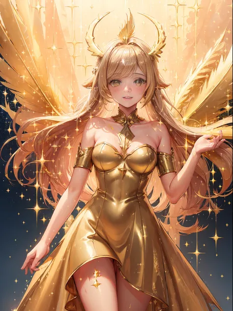 (sparkle:2.0), golden angel, ((golden feather:1.3)), blonde, gold costume, golden palace, ((gold particles rain down like rays f...