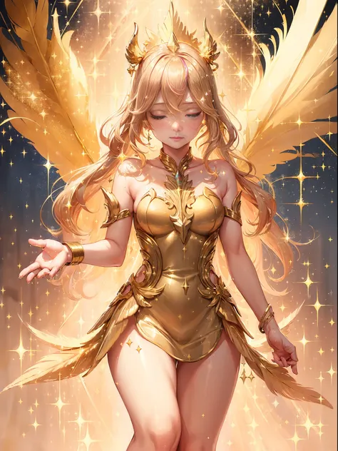 (sparkle:2.0), golden angel, ((golden feather:1.3)), blonde, gold costume, golden palace, ((gold particles rain down like rays f...