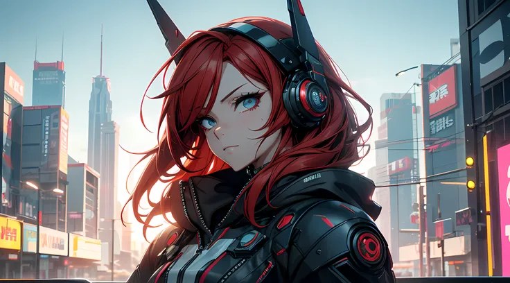 a close up of a person with red hair and a helmet, cyberpunk anime girl mech, digital cyberpunk anime art, female cyberpunk anim...