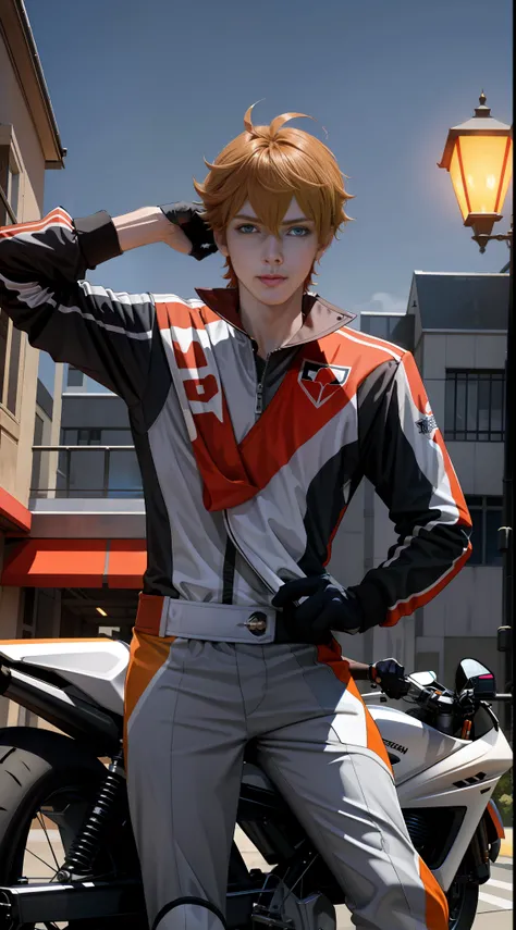 Masterpiece, best quality, delicate facial features, tartaglia (genshin impact), gloves, orange mask wearing on the right side of the head, male focus, 1boy, blue eyes, black gloves, solo, orange hair, bangs, (((racing suit))), hair between the eyes, scarf...
