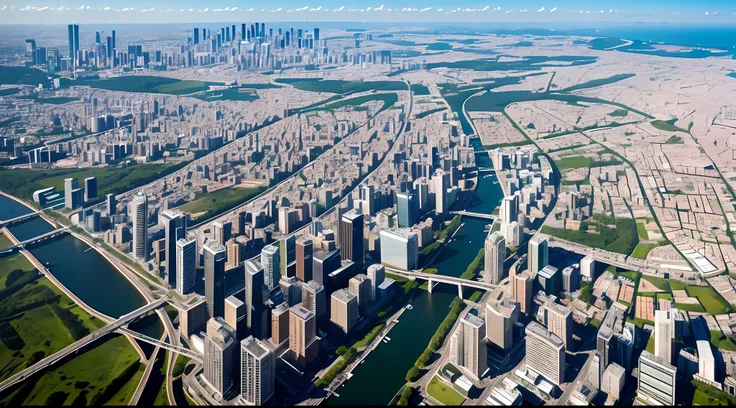 Aerial viewpoints, countless cityscapes in harmony with the lush cityscape, contemporary Japan cityscapes (vivid, photorealistic, realistic, dramatic, dark, sharp focus, 8K), ultra-detailed depictions, sunrises, buildings of various shapes, buildings that ...