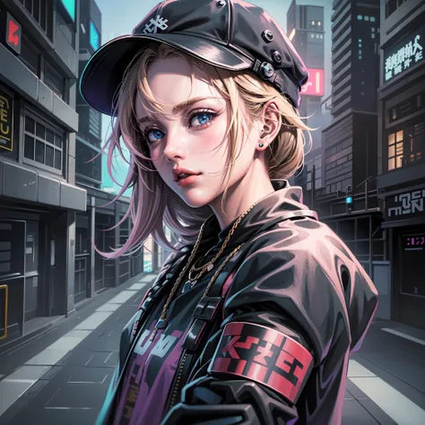 a close up of a person wearing a hat and a shirt, wearing cyberpunk streetwear, cyberpunk style outfit, mechanic punk outfit, cu...