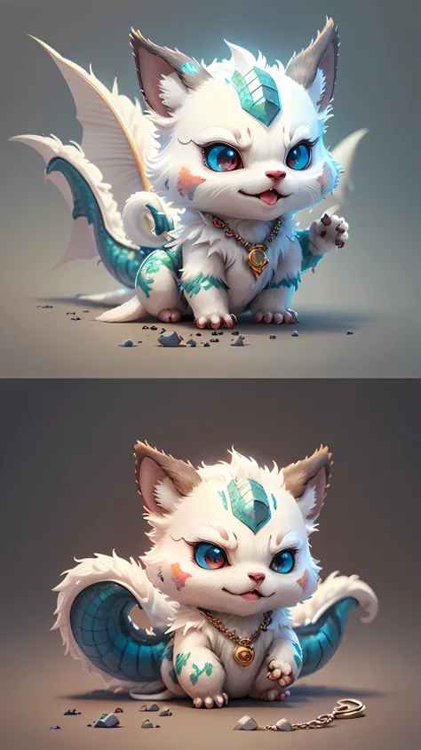 cute hyper-realistic little white dragon, eyes of different colors, wearing a necklace, exaggerated expressions, humanized movem...