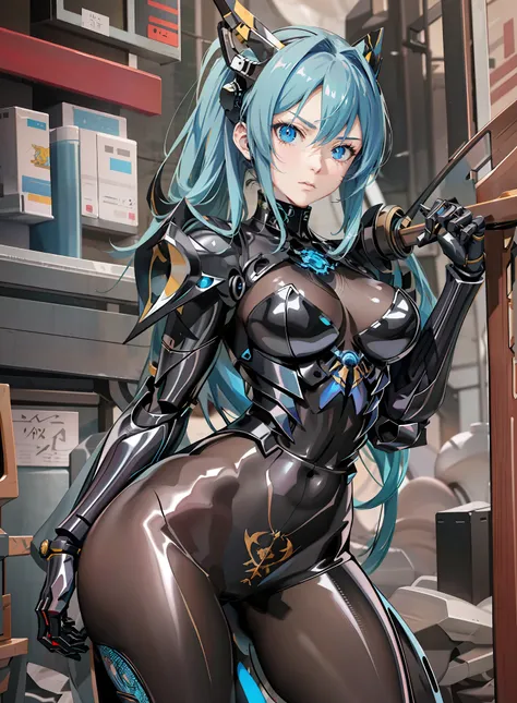 anime - style woman in a black and blue outfit holding a sword, biomechanical oppai, armor girl, girl in mecha cyber armor, perf...